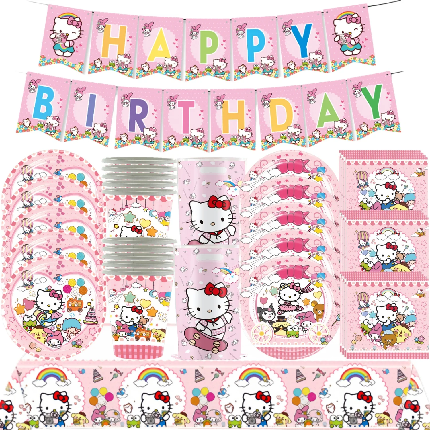 

Hello Kitty Birthday Decoration cute Kitty Figures Set Tablecloth Plate Cup Gift Bag Baby Shower Supplies Girls Party Favors Toy