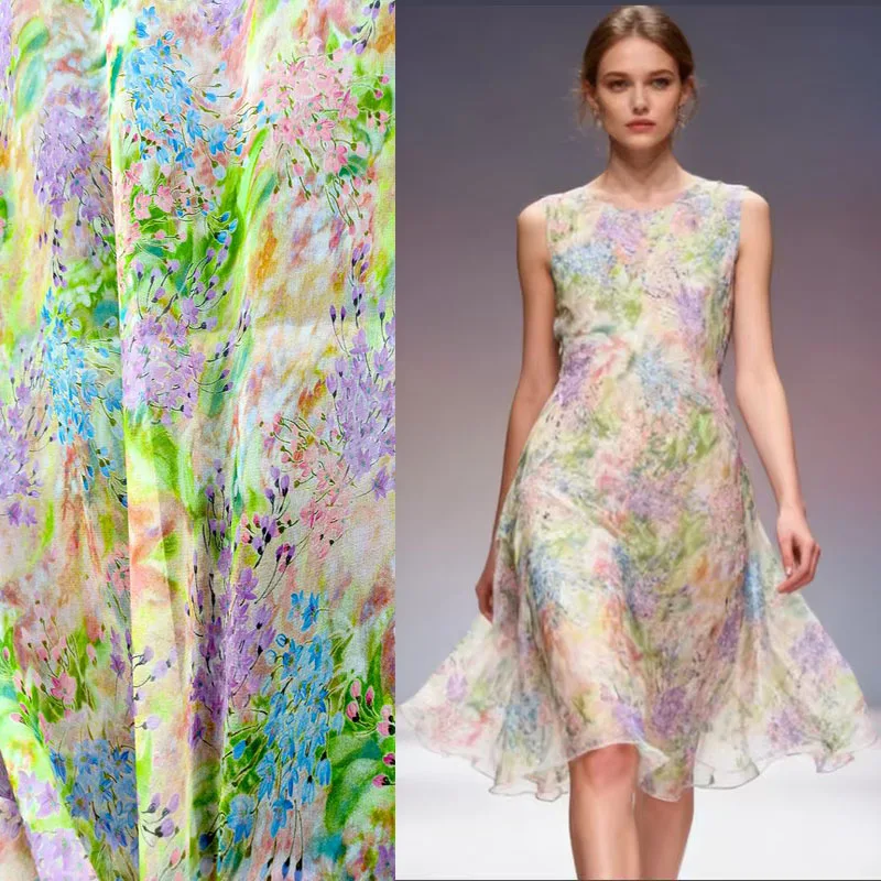 

Green Flowers Painting Pure real silk 100% Mulberry Silk Georgette Chiffon fabrics for sewing Cloth Crepe Gauze Wholesale Retail