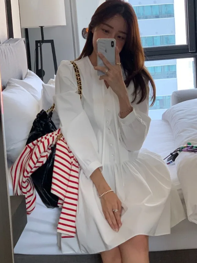 

Chic Casual Loose Slimming White Dr Women's Faionable Simple Skirt Long Sve Commute Sle Autumn New Arrival