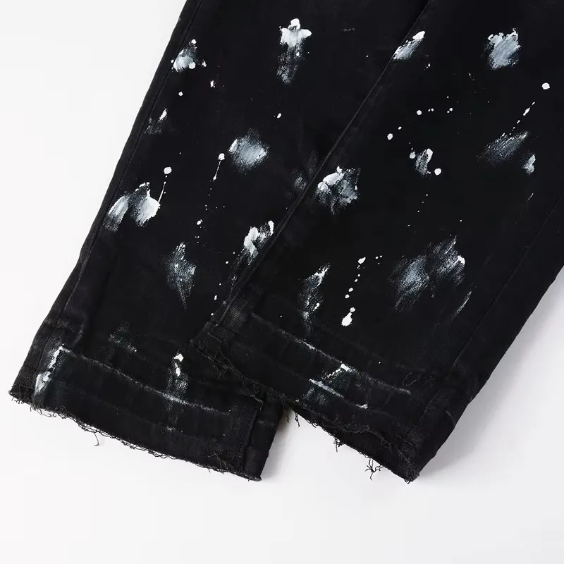 Pantalones vaqueros morados de inyección de tinta negros clásicos de calle alta, ropa de calle para hombre, pantalones largos de mezclilla ajustados