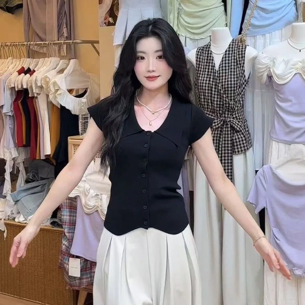 

Модный облегающий вязаный кардиган с коротким рукавом, отложным воротником, однотонный, повседневный, с V-образным вырезом, женский