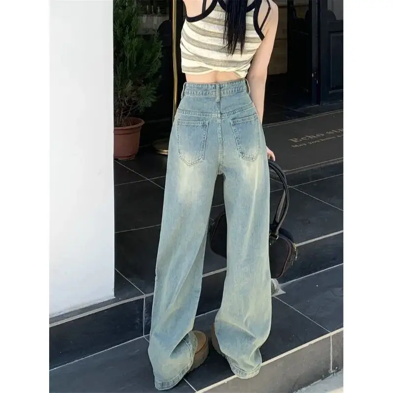 Fashion Women Pants High Waist Washed Light Blue Jeans Straight Streetwear Y2k Vintage Quality Harajuku Clothing Female A847