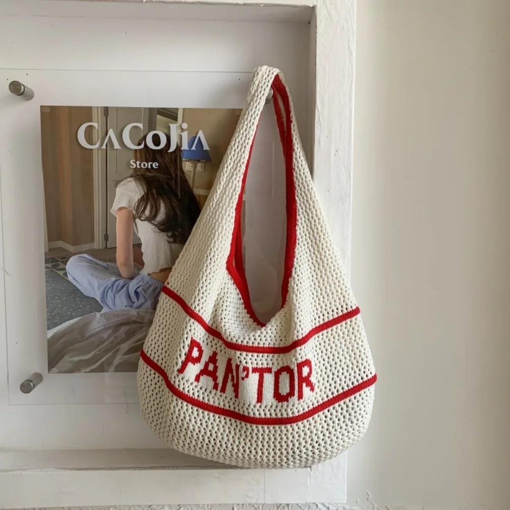 

Solid Color Knitting Shoulder Bag Inner Bag Korean Style Crochet Tote Bag Versatile Hollow Out Casual Woven Handbag Vacation