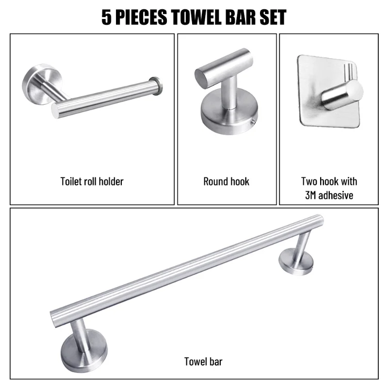 5 Pieces Bathroom Hardware Accessories Set Towel Bar Robe Hooks Toilet Paper Holder 304 Stainless Steel Wall Mounted Bath Towel