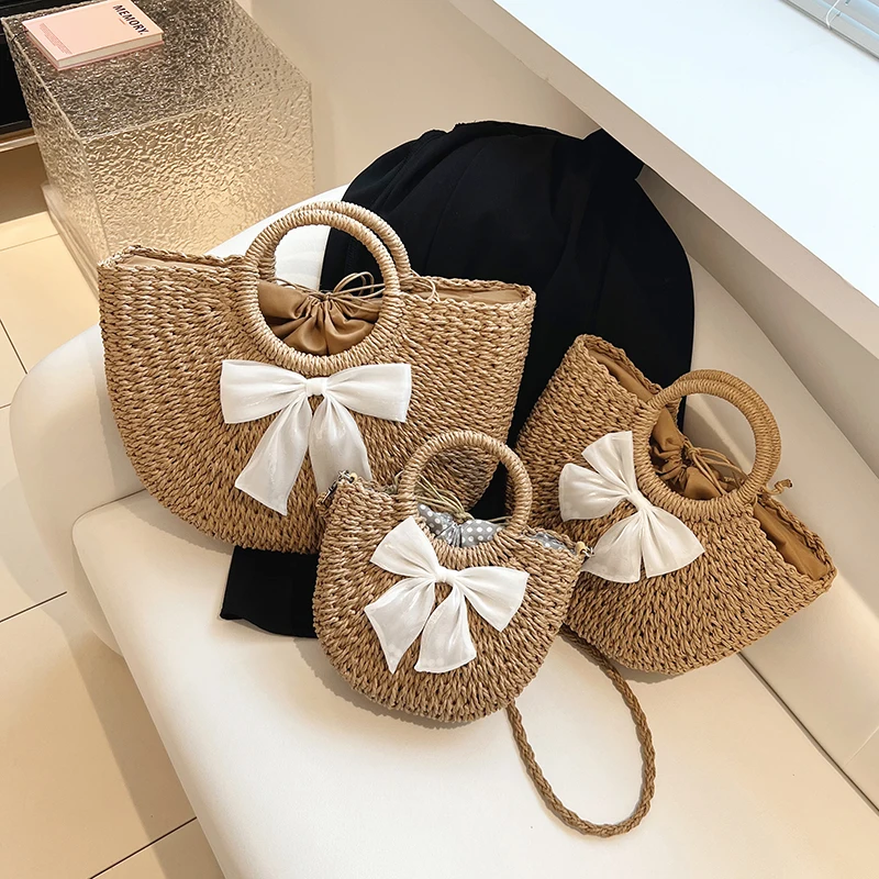 Handmade Half-Round Rattan Woven Straw Bag Summer Women Messenger Crossbody Bags Girls Small Beach Handbag 2024 New