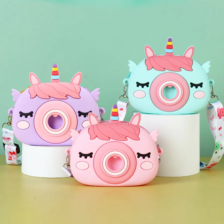 New children\'s unicorn camera coin purse, cute silicone waterproof children\'s crossbody bag, cute design, bright colors