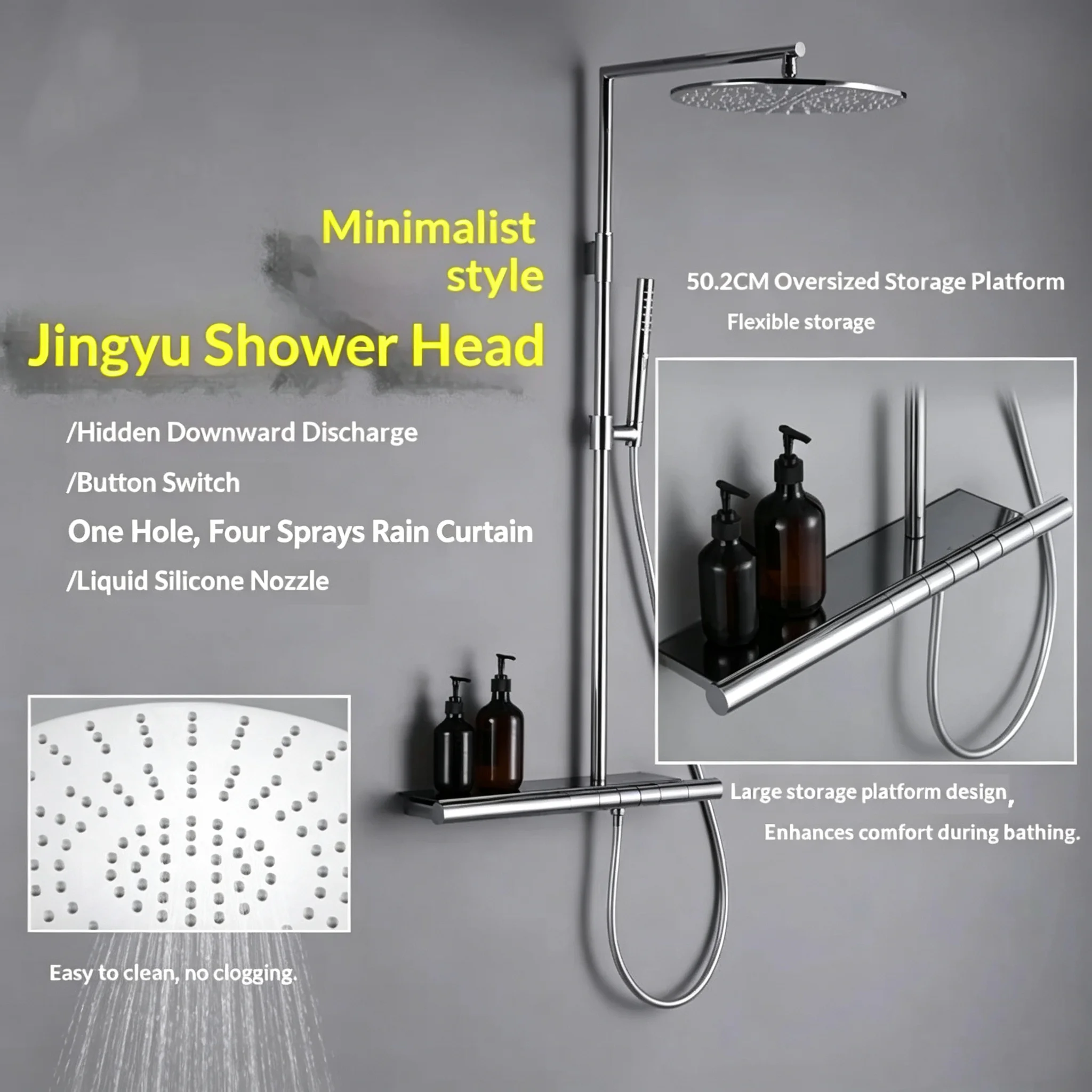 Houseuse Modern Simple Chrome Finish Wall Mount Shower Head Set With Large Flat Shelf Copper Construction Rainfall Spray
