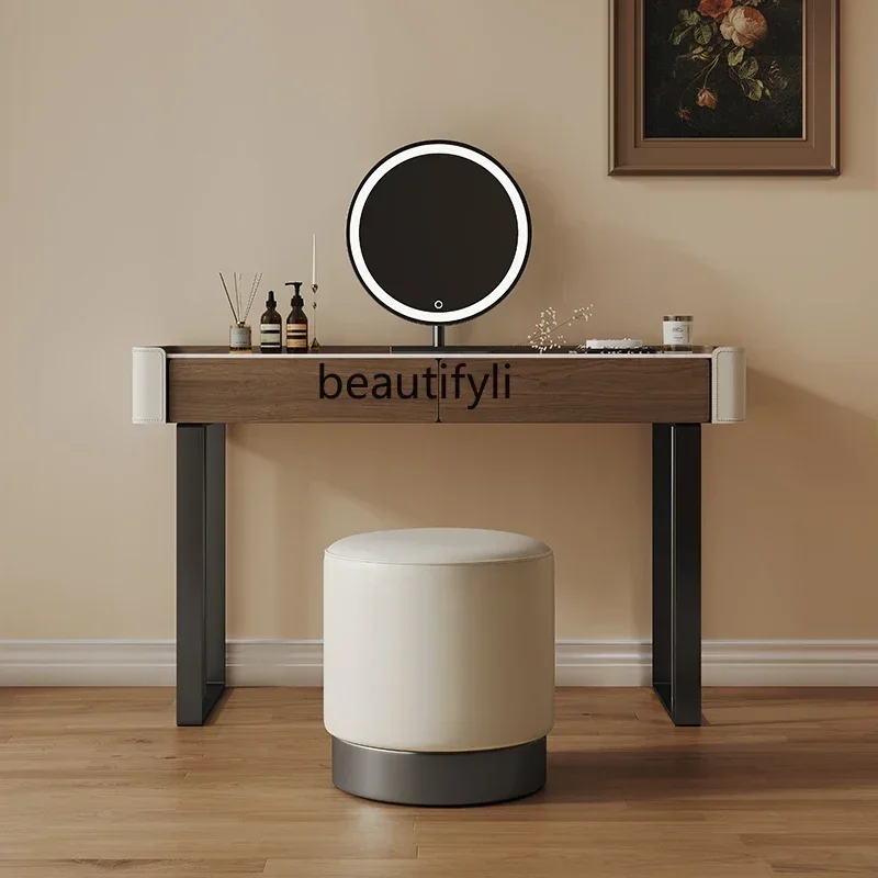 

S Italian minimalist rock slab dresser bedroom saddle leather solid wood makeup table light luxury makeup table