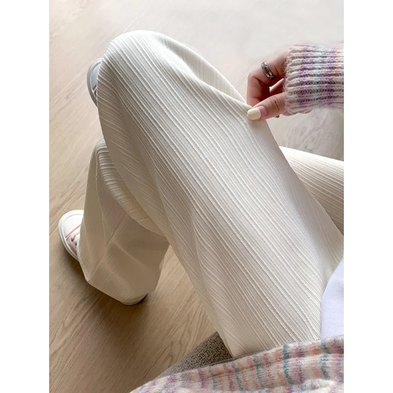 Women's Fleece Lined Wide Leg Pants Narrow Vertical Stripes Relaxed Fit Slimming High Waist Flowy Straight Leg Casual Trousers