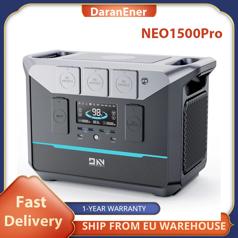 DaranEner NEO1500Pro Portable Power Station,1382Wh LiFePO4 Battery Solar Generator, 1800W AC Output, 14 Ports,Fast Recharg