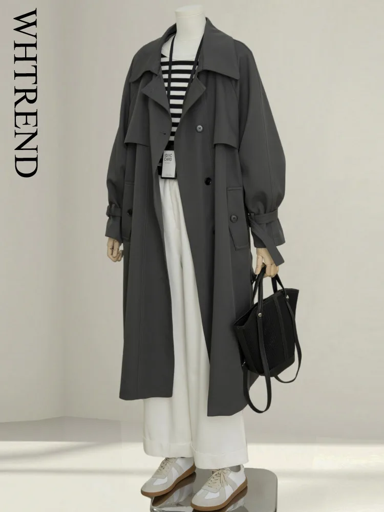

WHTREND Элитный элегантный темно-серый плащ для женщин, осень 2023, новое свободное длинное пальто выше колена WH1603
