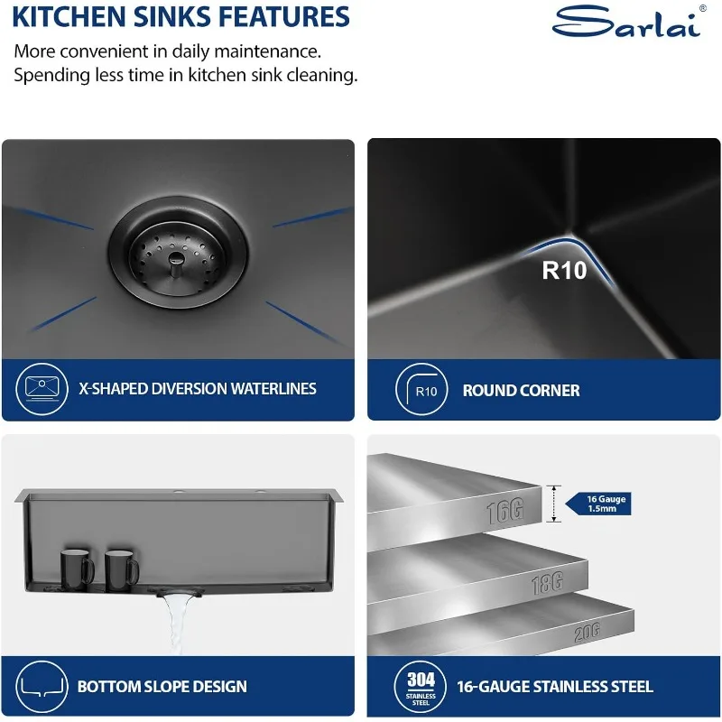 Sarlai 33 Inch Black Drop In Kitchen Sink Workstation-33x19 Drop In Kitchen Sink Black Stainless Steel Topmount Workstation Sink