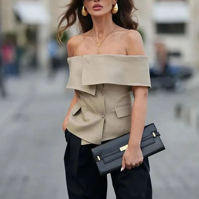 

French High-end Style Top Suit 2026 Spring New Fashion Casual Versatile One-shoulder Neckline Slimming Suit for Petite Women