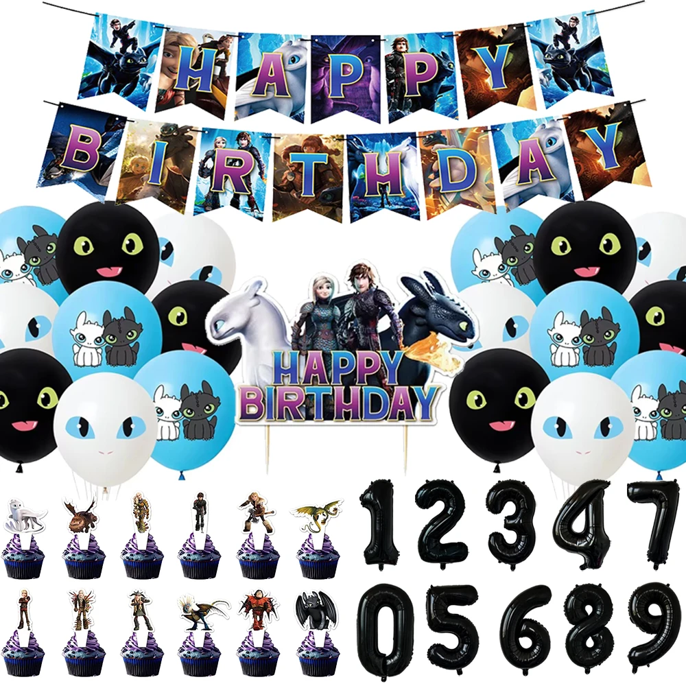 Image of Cartoon Drachenzähmen leicht gemacht Geburtstagsparty Dekorations-Set mit Hintergrund, Ballons, Tortendeko, Babyparty, Kindergeschenke, Spielzeug und Zubehör