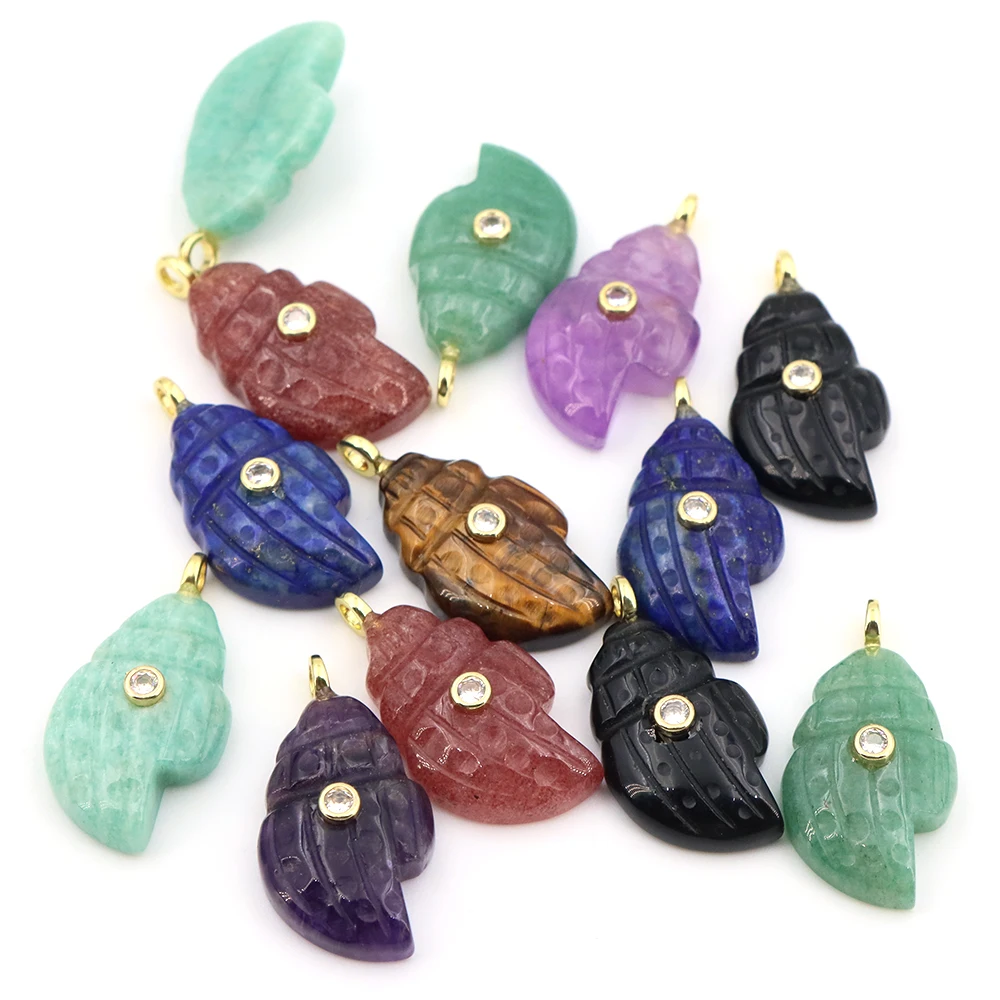 25mm Natural Stone Conch Pendant with White Zircon DIY Jewelry Making Charm for Necklace Bracelet Earrings Accessories Findings