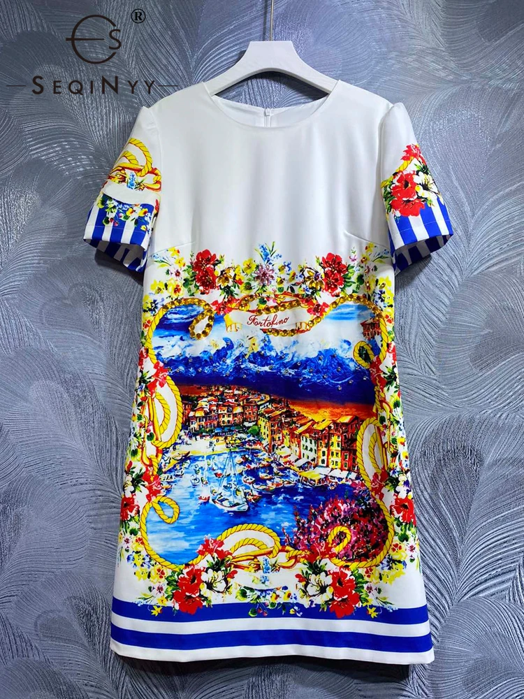 

SEQINYY Sicily Mini Dress Summer Spring New Fashion Design Women Runway High Street Beading Vintage Flowers Print Casual