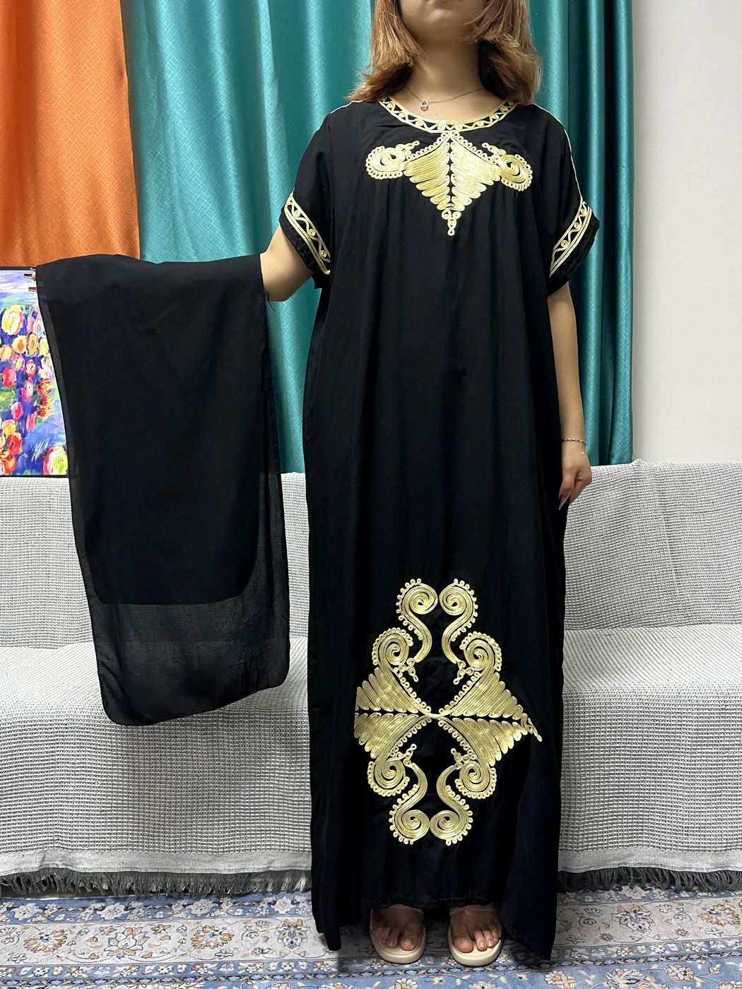 Abayas For Women Black Appliques Cotton Loose Fit Femme Robe Muslim Kaftan African Islam Nigeria Traditional Dresses With Turban