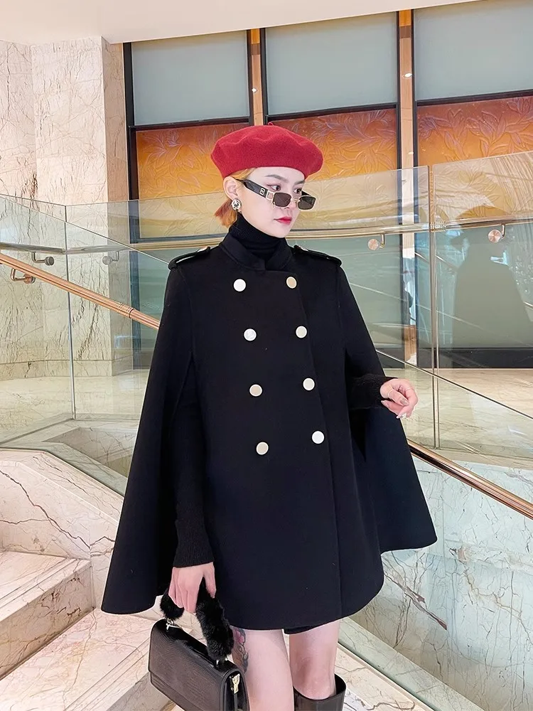 British Style Women Fashion Double Breasted Cloak Coat Solid Color Middle Long Stand Collar Office Ladies Elegant Wool Jacket