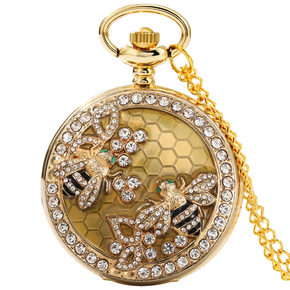 Luxo strass abelha decorado algarismos árabes quartzo colar relógio de bolso elegante ouro senhoras pingente bolso relógio presentes