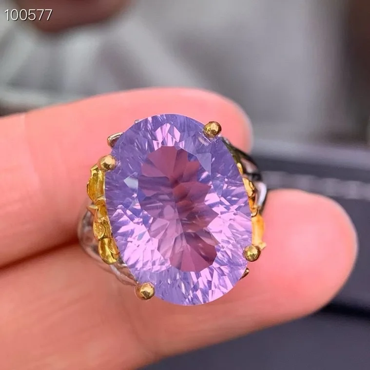Natural Amethyst Ring 13x18mm Large Gemstone, 925 Sterling Silver Two-Tone Craft Handmade Statement Ring for Women