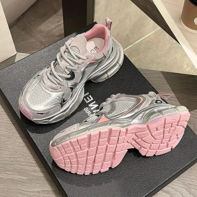 

New Thick soled Fashionable Dad Shoes, Women's Spring and Autumn New Versatile Casual Shoes, Silver Pink Sports Trendy Shoes