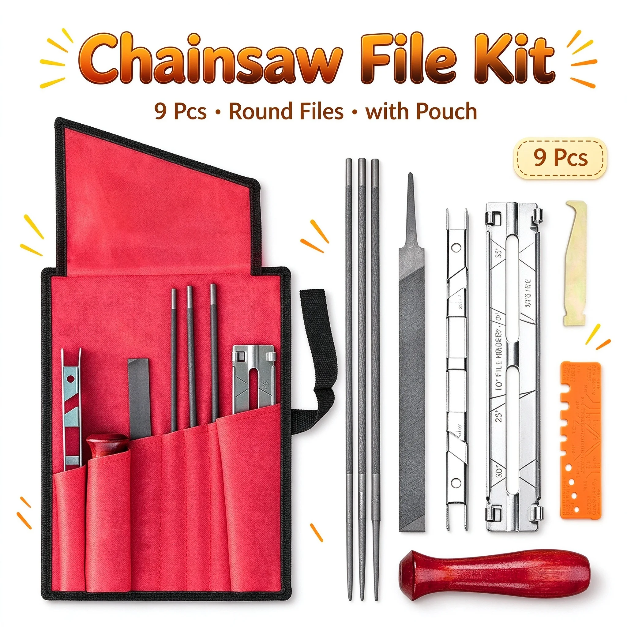 Chainsaw Sharpening Kit - 9 Piece Set with Round Files (5/32