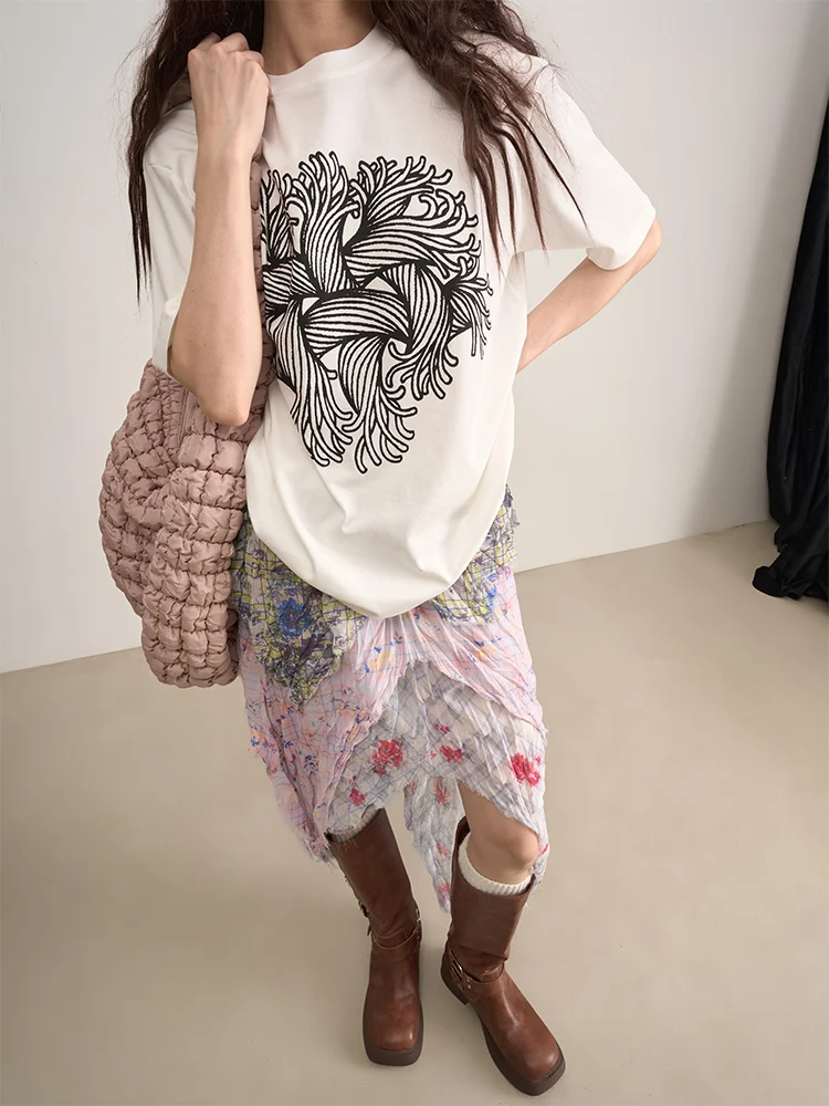 

LANVIVIER Хлопковая футболка с художественным узором в виде лозы, повседневная, с круглым вырезом, пуловер, домашняя одежда, летняя женская модная футболка средней длины с рукавом до локтя