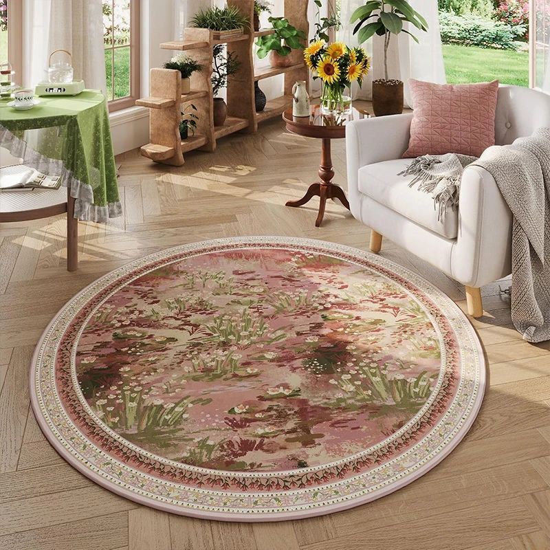 Round Living Room Rug Non-slip Machine Washable Soft Comfortable Floor Mat Green Retro Impressionist Style Home Decor Carpet