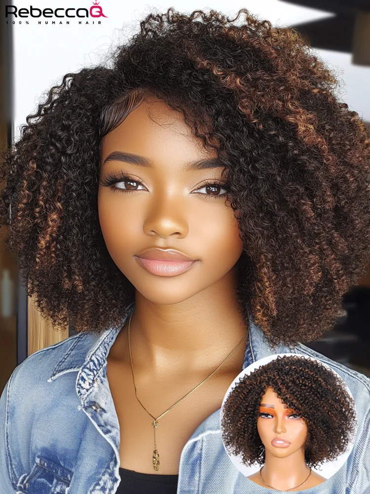 Highlight Short Kinky Curly Bob Wigs For Women Brazilian Remy Human Hair Wigs Easy Wear Human Hair Wig With Bangs 200% Density