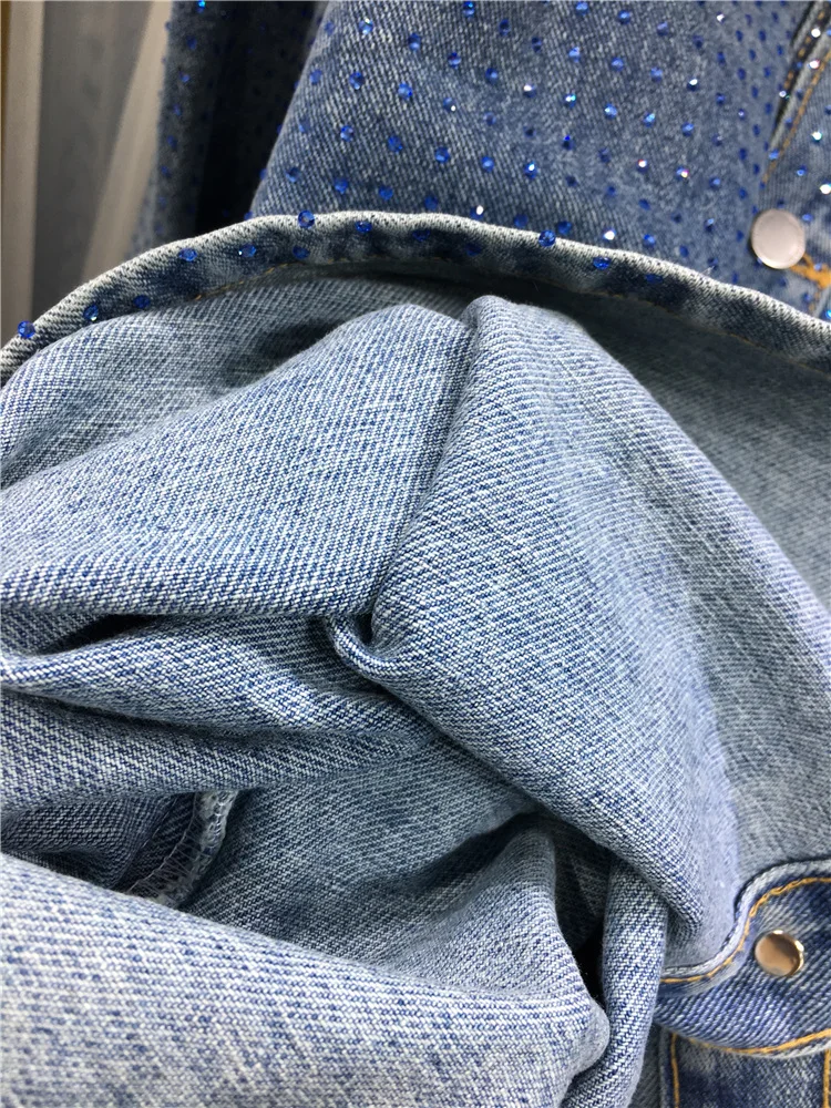 Giacca nera con strass pesanti da donna Cappotto con cappuccio di media lunghezza allentato blu denim lucido Giacca di jeans versatile monopetto