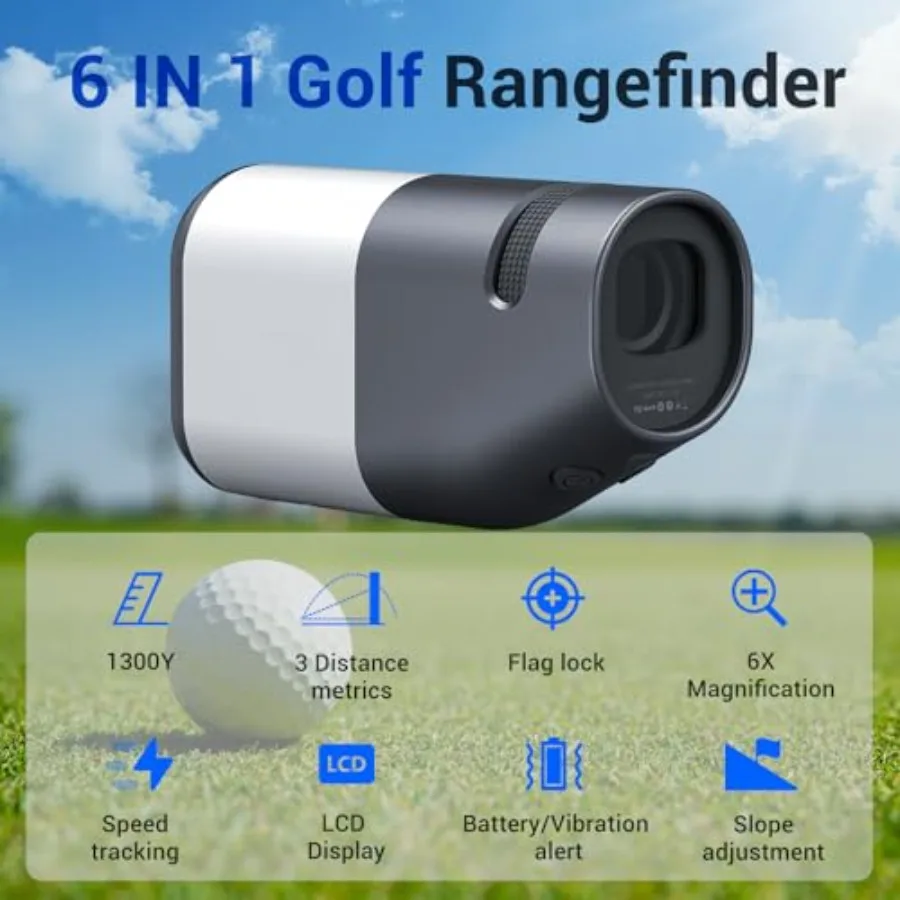 Telémetro de golf con pendiente, telémetro láser de 1300 yardas, aumento 6X, mástil de bandera de 0,5 s, bloqueo de vibración, pantalla LCD