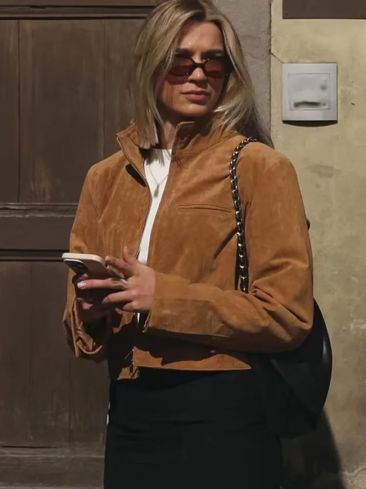 

HH Woman's Autumn Street Style Coat Solid High Collar Long Sleeves Zipper Female New Fashion Slim Pocket Short Jackets 2025