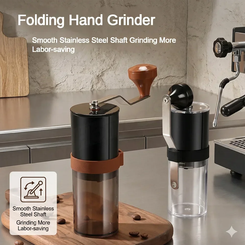 Folding Manual Coffee Grinder Hand Crank Portable Plastic Bean Mill Stainless Steel Shaft Adjustable Burr With Brush For Travel