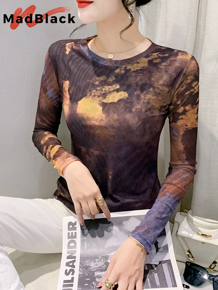 

MadBlack European Clothes Tshirt Women Round Collar Position Print Slim Mesh Tops Long Sleeve Tees Autumn Winter New T30335JD