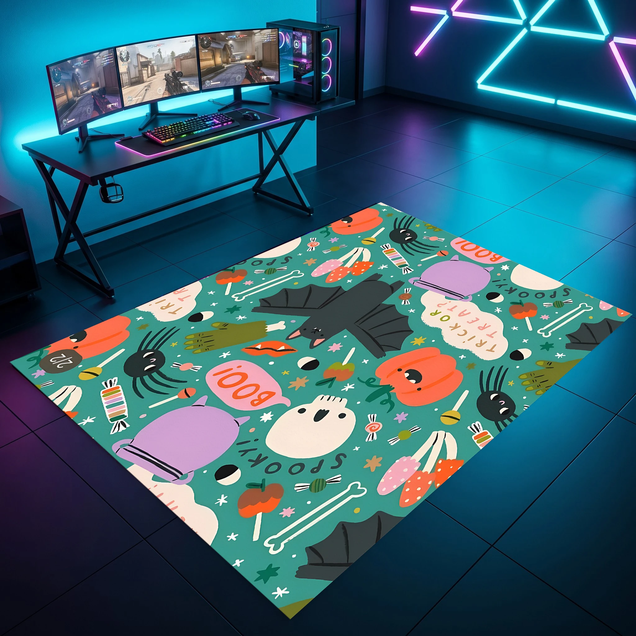 Cartoon Pumpkin Bat Trick or Treat Velvet Area Rug, for Living Room Bedroom Entryway, Autumn Winter Halloween