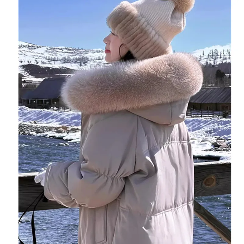 Oversized pele de raposa para baixo jaqueta feminina inverno 2024 novo coreano solto 90% pato branco para baixo casaco com capuz parkas feminino casaco quente