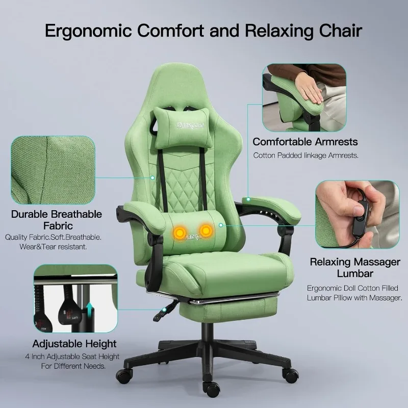 Tecido Gaming Cadeira com Apoio Para Os Pés Massagem Cadeira de Escritório Cadeira Ajustável Do Computador, Bolso Primavera Almofada, Mesa Ergonômica