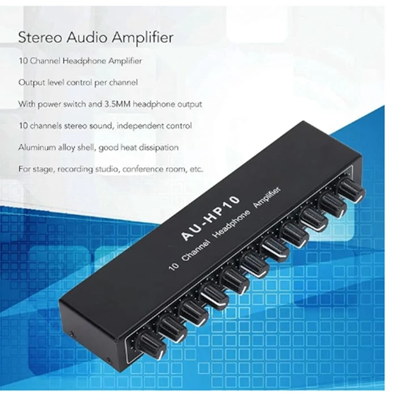 RISE-AU-HP10 amplificador de auriculares de 10 canales divisor de Audio DC 12-24V 20Hz-20Khz 12DB 16-600Ohm 3,5 Mm Jack enchufe estadounidense