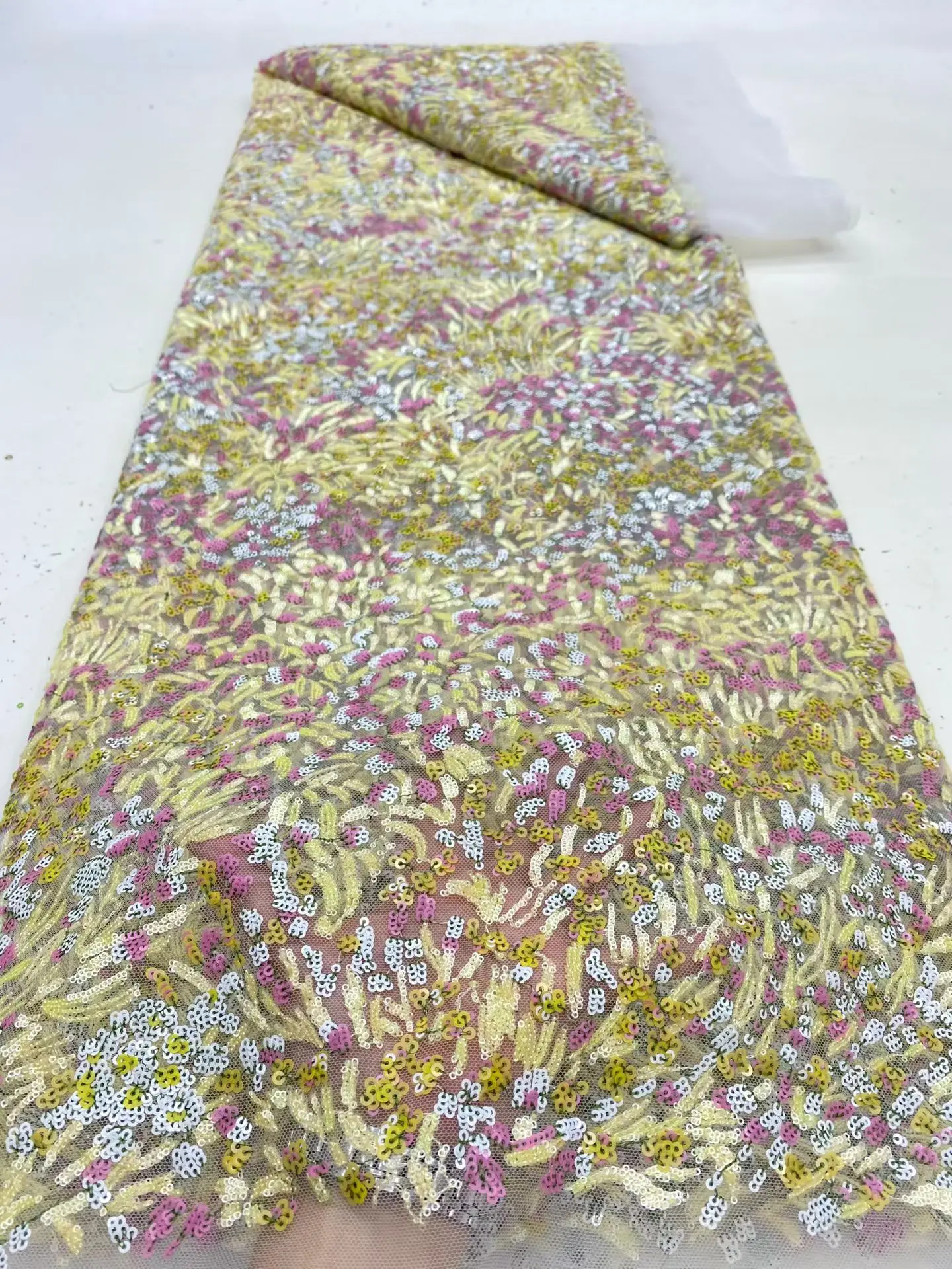 

African Nigerian Sequins Embroidery Tulle Lace Fabric High Quality Beads Stone Prom Dresses Sewing 5 Yards DP0476 2025