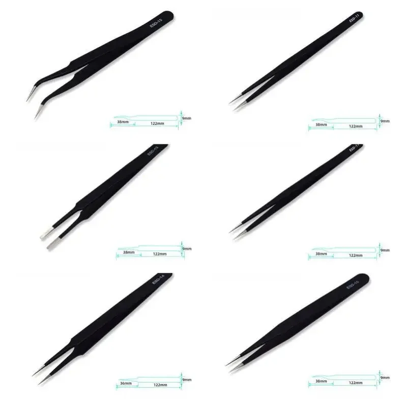 6pcs Precision Long Tweezers Set ESD Anti-Static Stainless SteelTweezers Repair Tools For Electronics Repair Soldering Craft