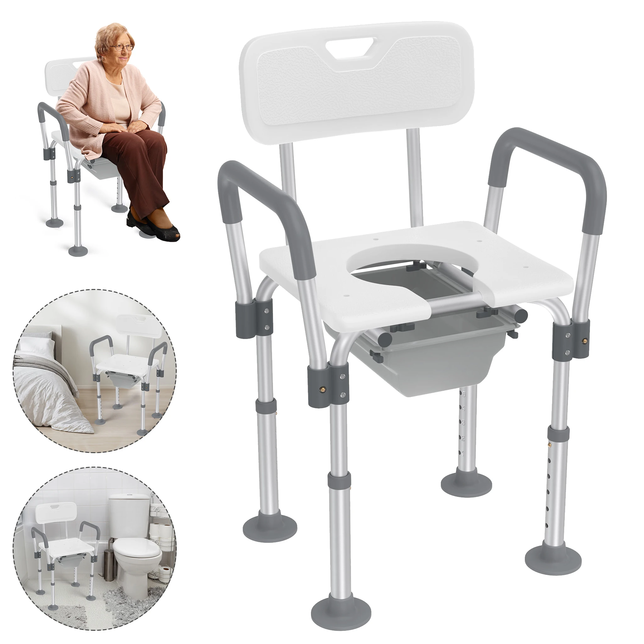 Chaise de douche avec repose-pieds, réglable en hauteur sur 6 niveaux (34 à 47 cm), chaise de toilette à poser sur le lit avec seau de toilette, accoudoirs rembourrés amovibles pour personnes âgées, personnes handicapées et femmes enceintes, charge maximale de 150 kg.