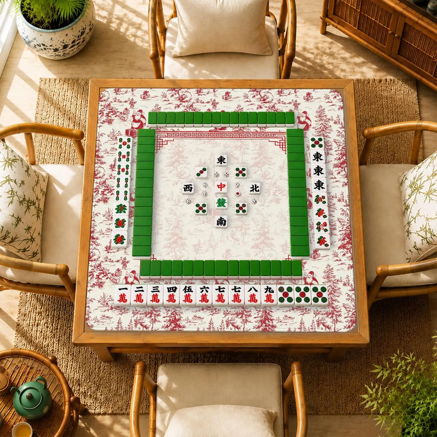 Red Chinoiserie Vintage Santa Christmas Mahjong Mat 31.5x31.5 Non Slip Noise Reduction Table Cover for Mahjong Poker Card Tile G