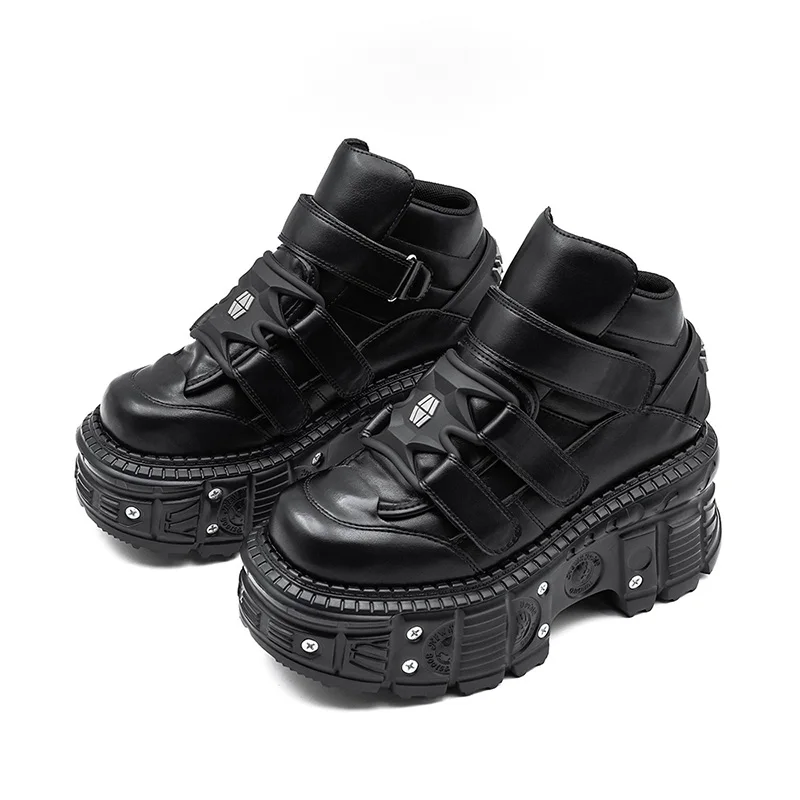 Motorcycle Punk Style Women's Shoes 2025 New Gothic Platform Shoes 9cm High Heels Metal Rivets Ankle Rock Boots Lace-up Sneakers