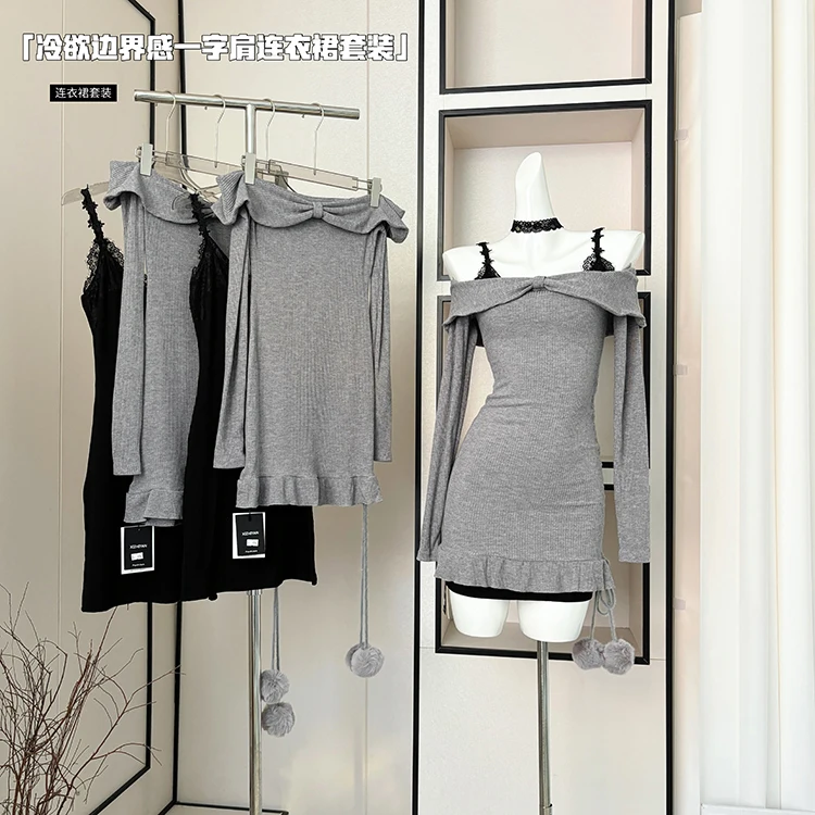 

Sweet Hot Girl Pure Sexy Suit Women's Autumn Knitted Long-sleeved Off Shoulder Dress Strap Dress Two-piece Set Female Clothes