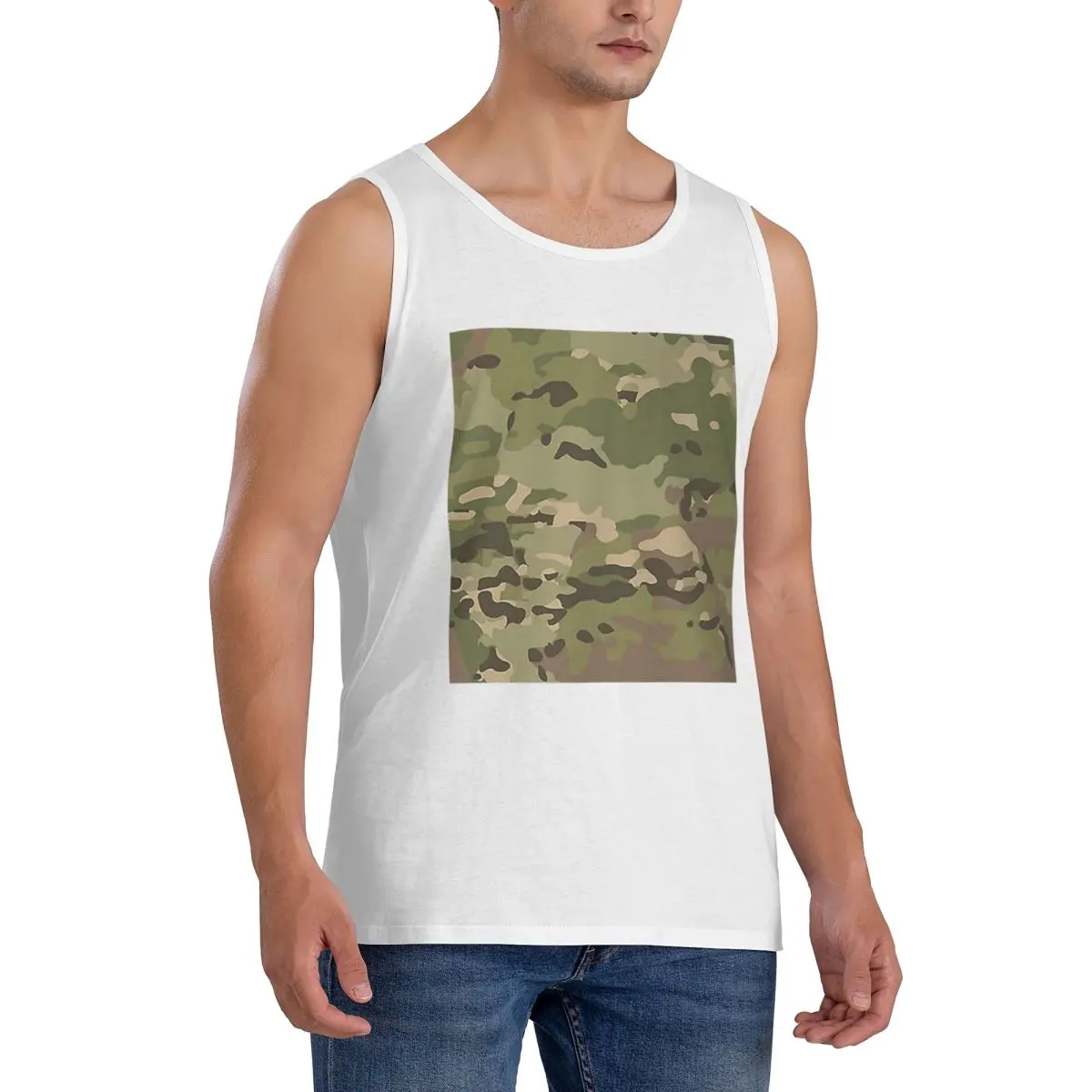 100% Cotton Woodland Hues Camo - MultiCam Camouflage Sleeveless T-Shirt Men Workout Sports Clothing Tops Men's Crew Neck Vest