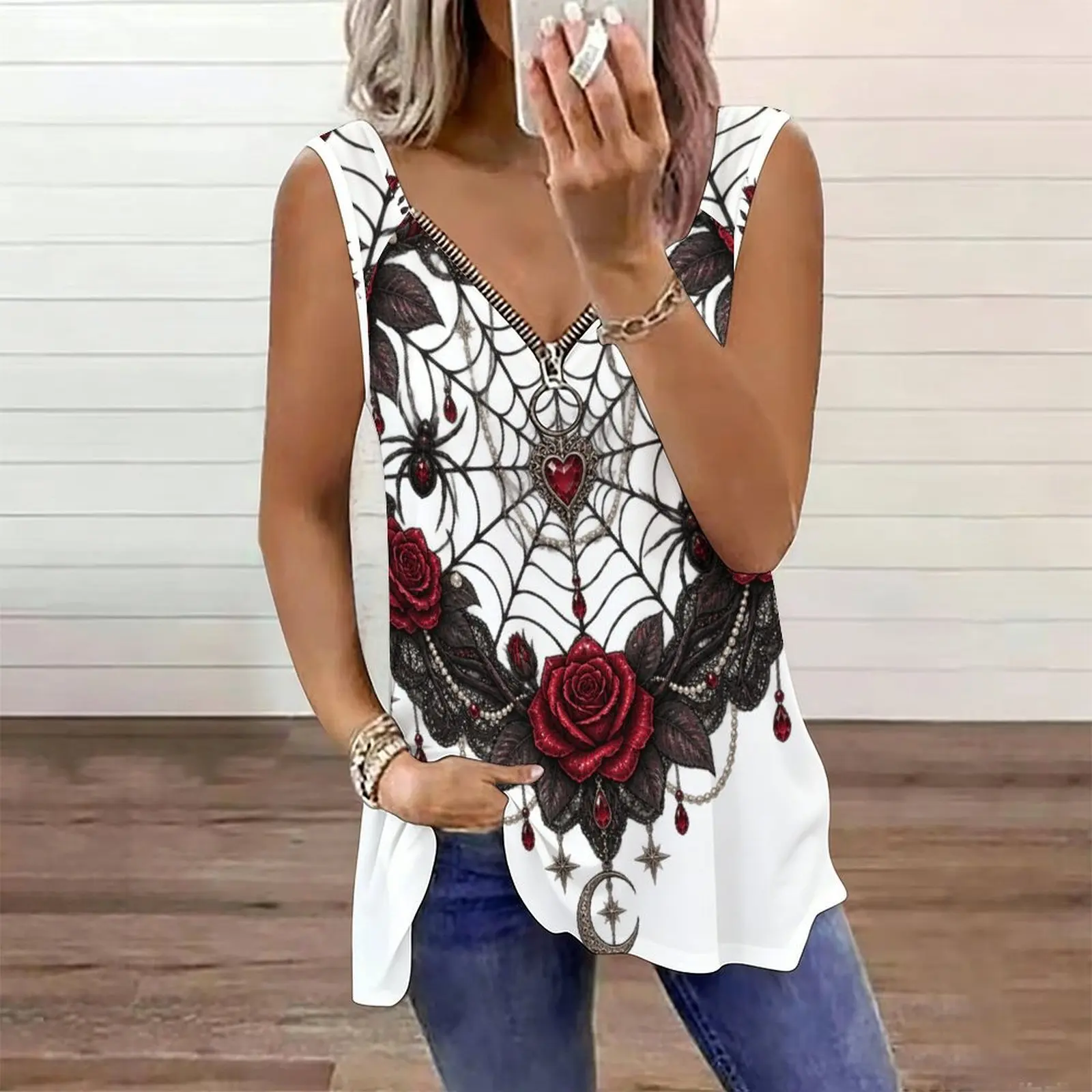 Women White Sleeveless Tank Top V Neck Ring Zipper Printed Gothic Spider Web Red Rose Pattern Curved Hem