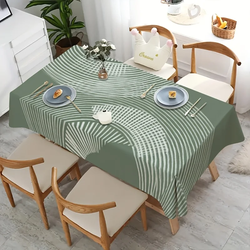 Minimal Sage Green Radial Line Tablecloth, Stylish White Concentric Curved Line Print Rectangular Table Cover for Dining Table