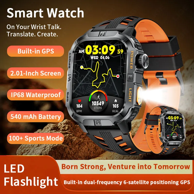 LIGE New 2.01"HD Screen Outdoor Sports Smart Watch 2025 GPS Flashlight Bluetooth Call IP68 Waterproof Compass Smartwatch for Men