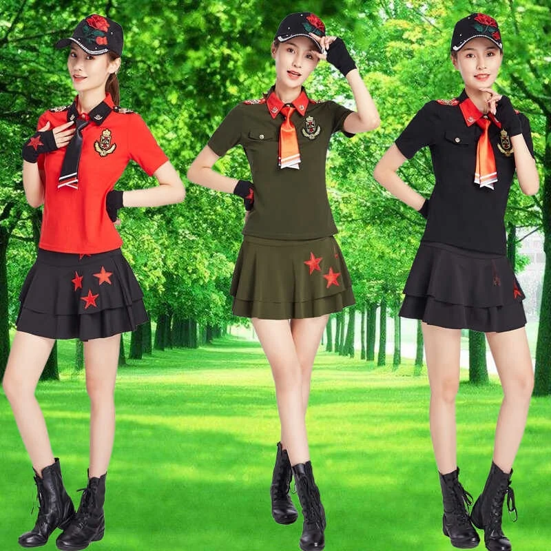 red-sailor-dance-outfit-women's-new-2026-performance-shirt-square-dance-skirt-fitness-performance-costume-cotton-short-sleeve