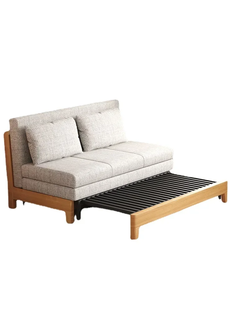 Solid wood sofa bed, foldable, multifunctional small unit living room, two person pull-out bed, extendable Nordic dual-purpose